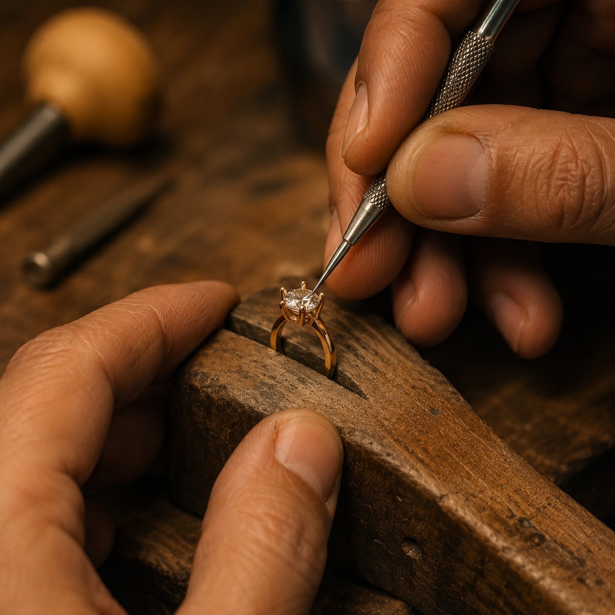 A jeweler's hands setting a diamond into a gold ring mount